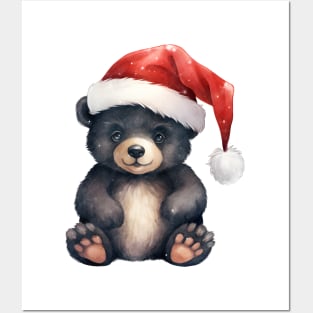 Black Bear in Santa Hat Posters and Art